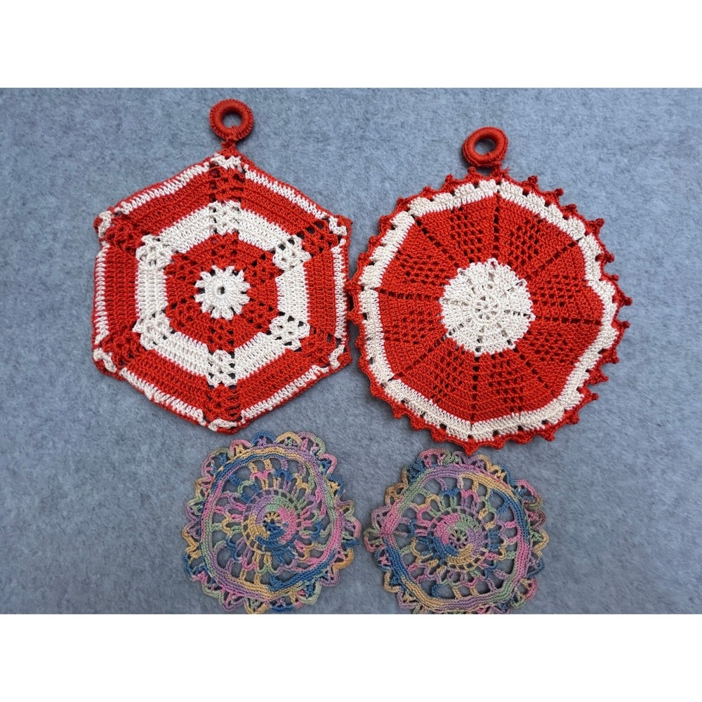 Vintage Handmade Crochet Pot Holders and Coasters Set Orange Cream Multicolored